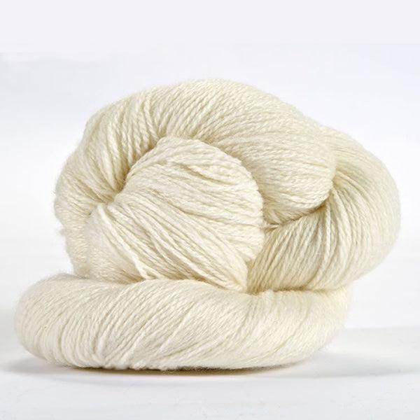 Skein of Jade Sapphire 4Ply Ivory 00, an undyed white. 