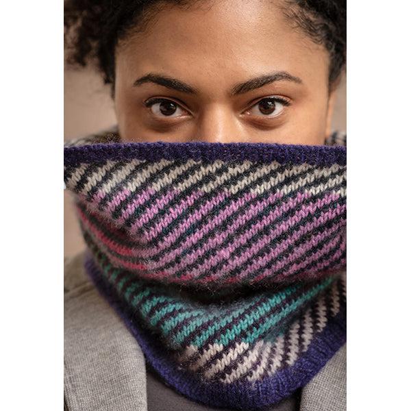The Cashmere Carousel Cowl in Bridget's Delight from the Coloring Box Pattern booklet.