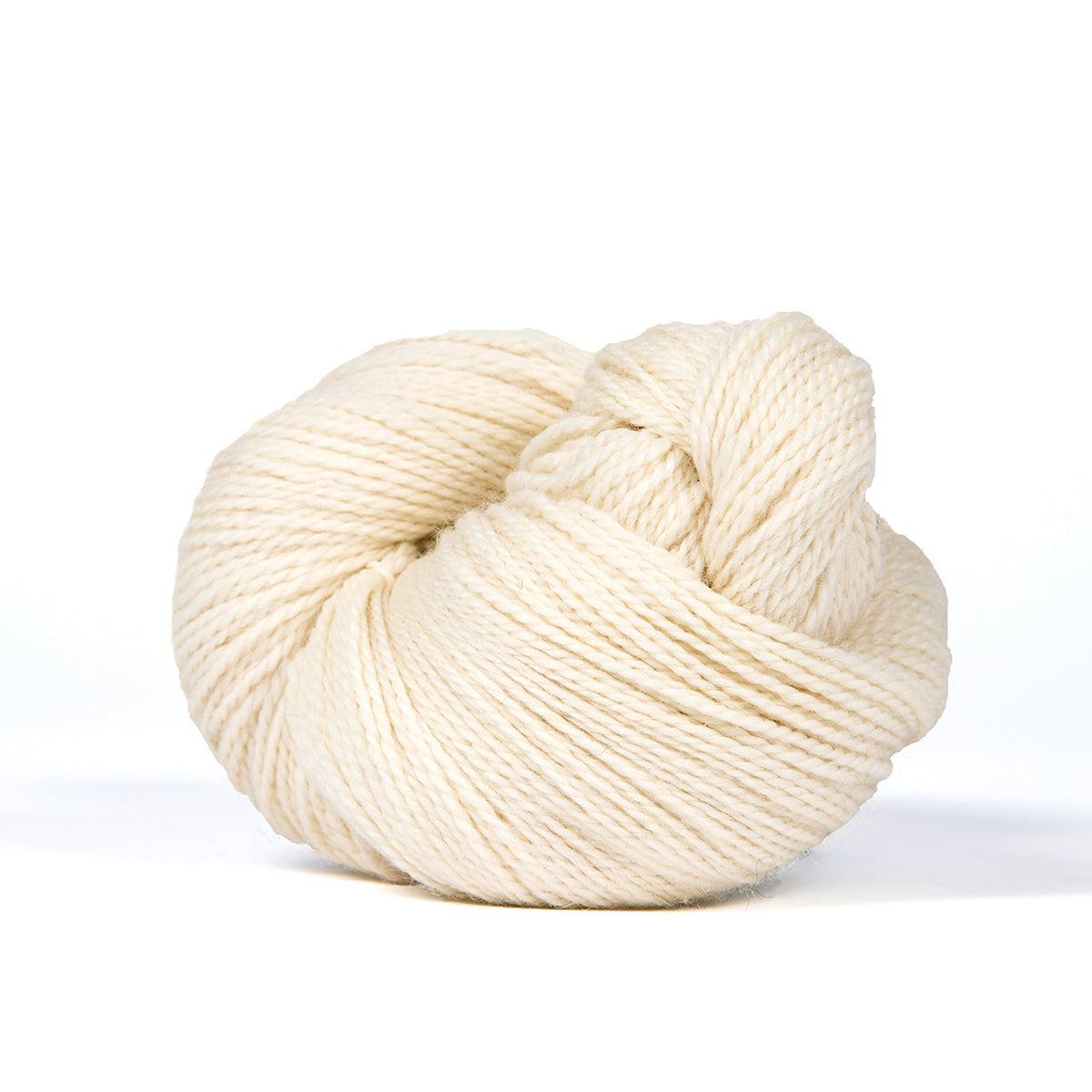A skein of Kelbourne Woolens Camper Natural 105, an un-dyed off white. 