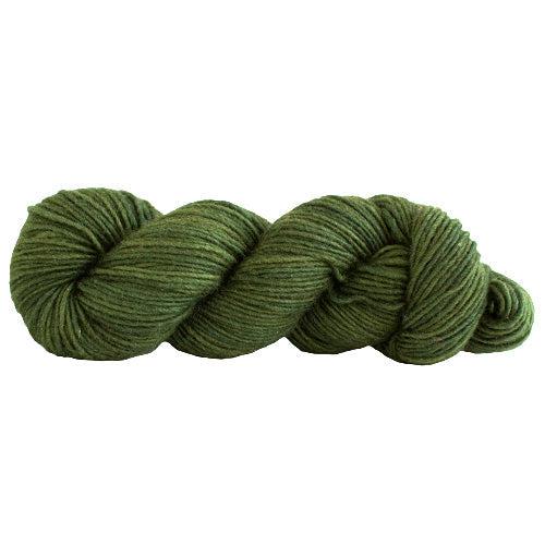 A skein of Manos Silk Blend Olive 3055, a medium green with tones of yellow and brown.