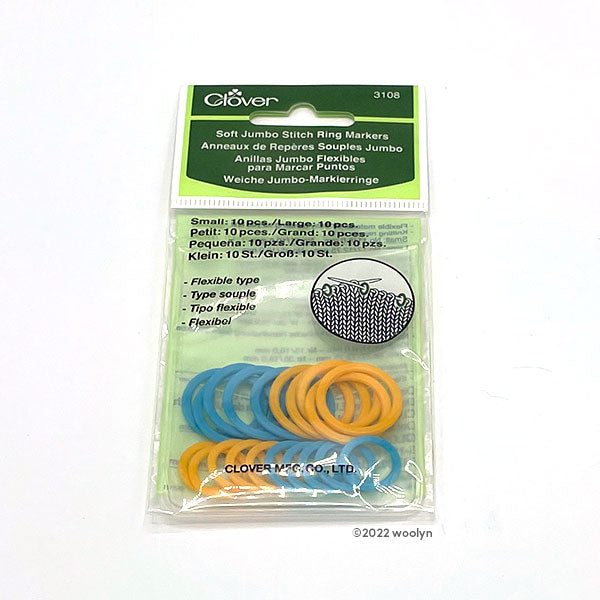 Soft ring stitch markers in two sizes and two colors: blue and yellow.  Smaller fits up to US15 and larger fits up to US35. 10 small and 10 large markers in a package.