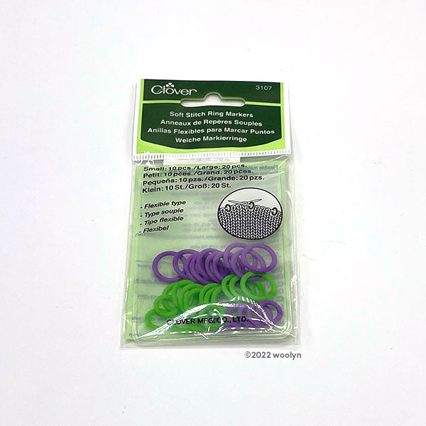Soft ring stitch markers in two sizes and two colors: purple and green. Smaller fits up to US5 and larger fits up to US11. 10 small and 20 large in each package.