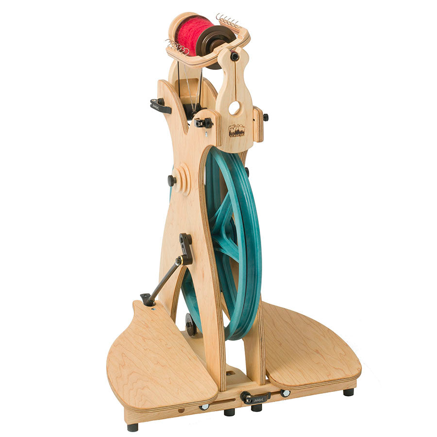 A front view of a Schacht Sidekick Spinning Wheel.